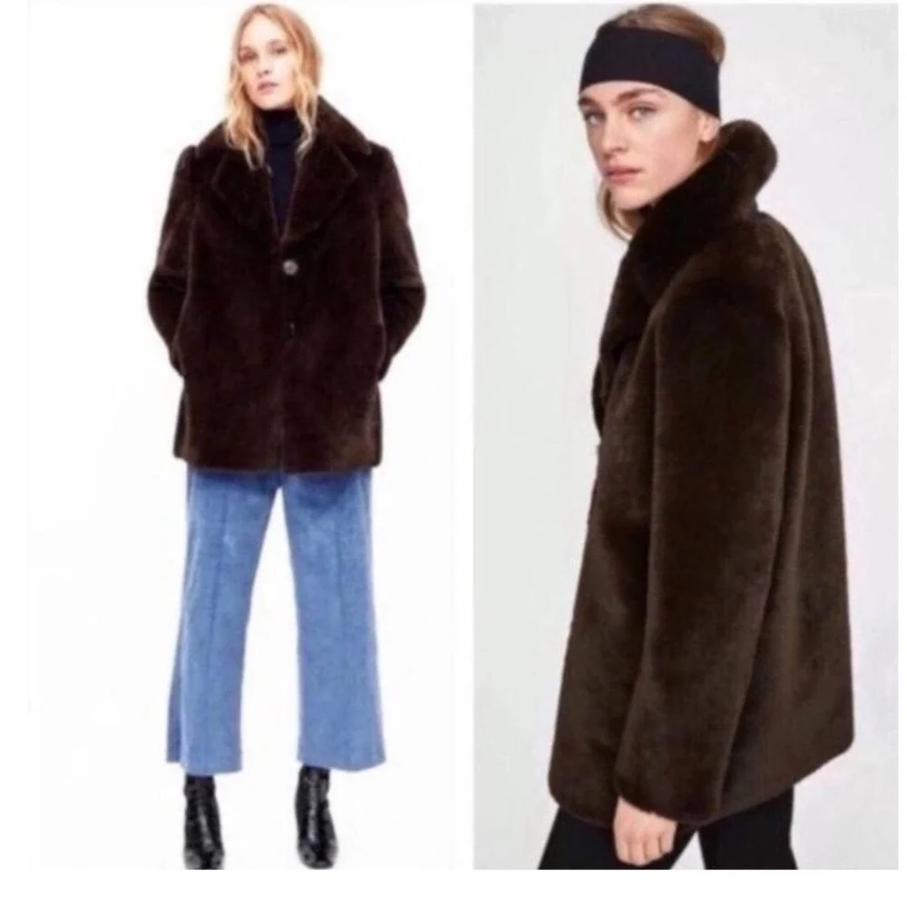 ZARA WOMAN Brown Faux Fur‎ Coat Jacket Button Front Collared Outerwear size XS